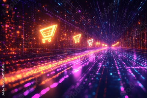 Neon shopping cart icons in a digital tunnel.