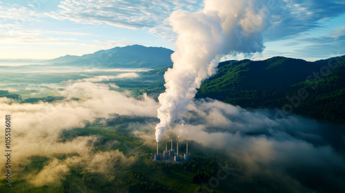 Factories surrounded by green fields and forests, absorbing the emitted CO2