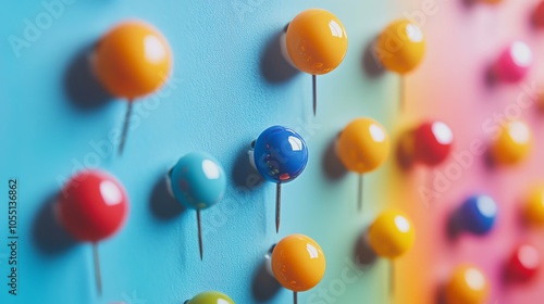 Artistic macro shot of brightcolored push pins in neon shades on a whiteboard, arranged symmetrically, high detail, soft shadows photo