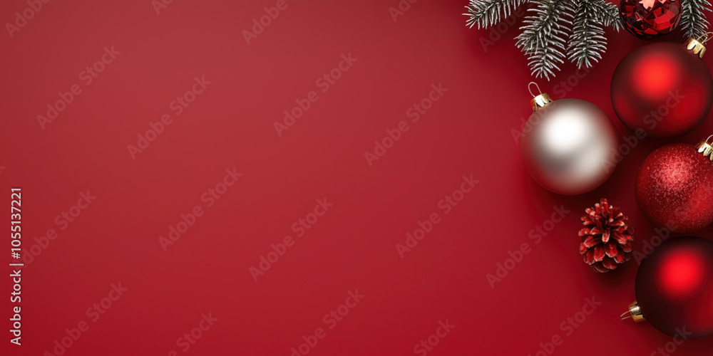 Christmas balls and decorations on red background with copy space Christmas balls and decorations on red background with copy space