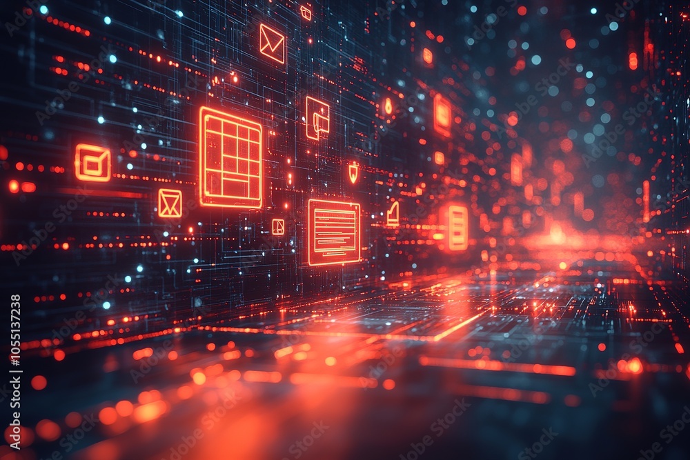 Red glowing digital icons in futuristic technology background. Red glowing digital icons in futuristic technology background.