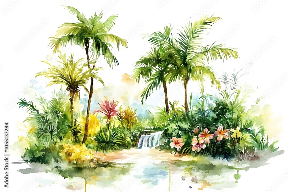 Fototapeta premium Watercolor Florida Hawaii Landscape Painting Illustration on White Background 