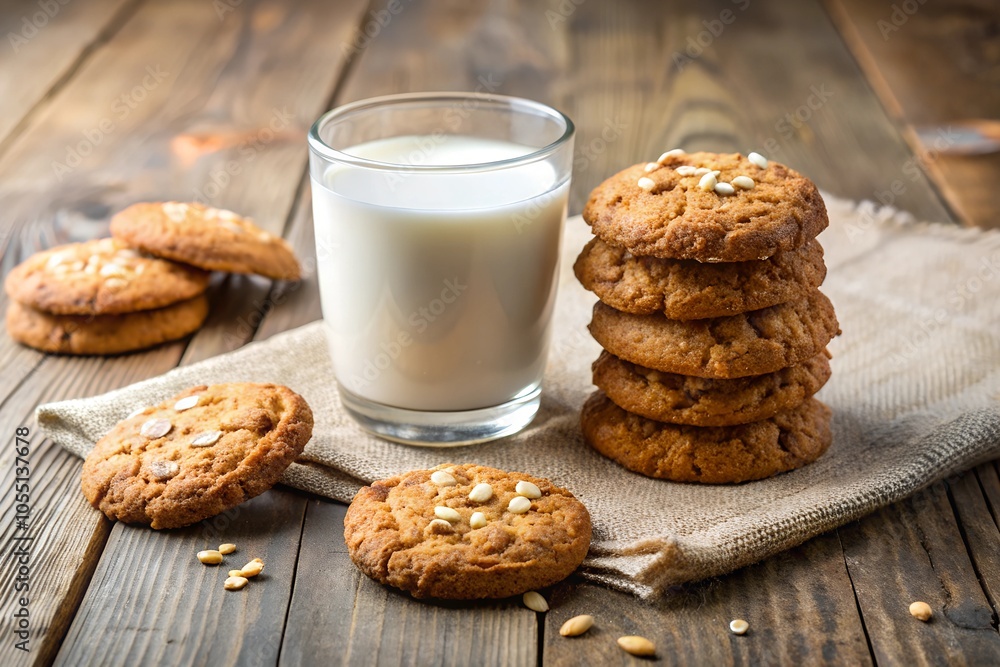 Healthy oatmeal cookies and milks on wooden table. Copy space Healthy oatmeal cookies and milks on wooden table. Copy space