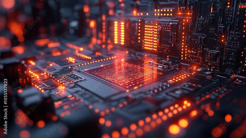 A close-up view of a futuristic circuit board with glowing elements. A close-up view of a futuristic circuit board with glowing elements.