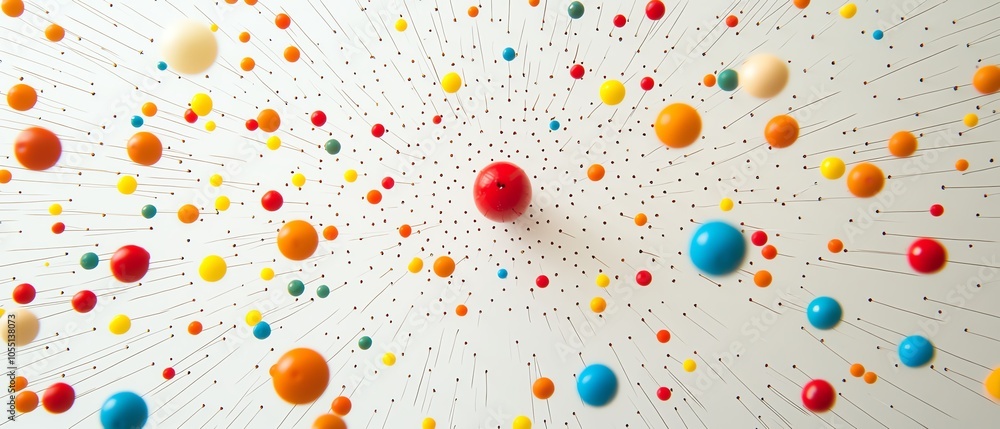 Whiteboard with multihued push pins placed around a central pin, with light reflecting subtly, creating a sense of depth and space Whiteboard with multihued push pins placed around a central pin, with light reflecting subtly, creating a sense of depth and space