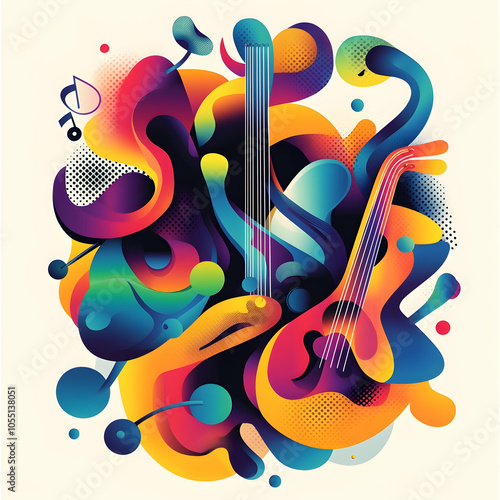 Abstract music design with colorful shapes, guitars, and notes.