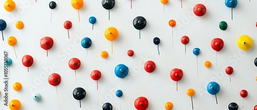 Whiteboard covered with multicolored push pins in random patterns, emphasizing a brainstorming and idea generation concept