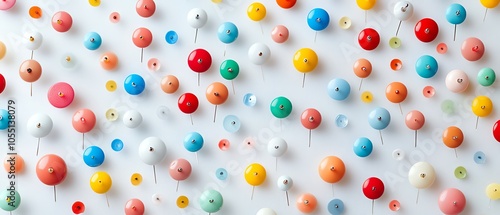 Whiteboard covered with multicolored push pins in random patterns, emphasizing a brainstorming and idea generation concept