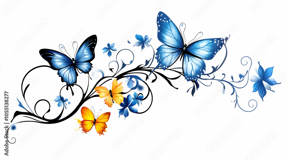 Blue and orange butterflies on a floral vine.