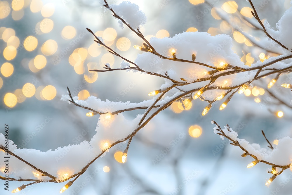Snow-covered branches with fairy lights Snow-covered branches with fairy lights