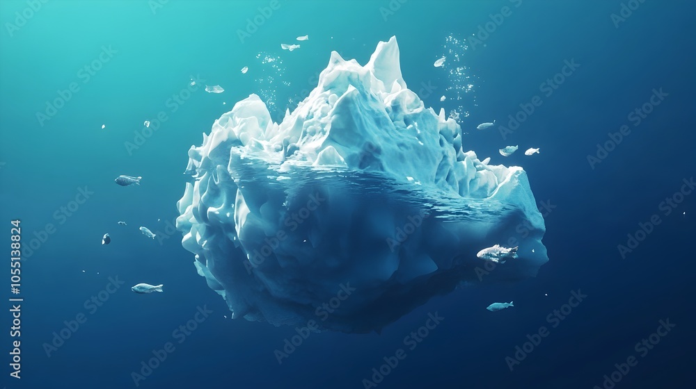 Obraz premium Tranquil 3D model of an iceberg floating in deep blue ocean water with underwater details of ice formations and fish swimming around the submerged sections