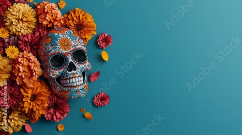 Colorful sugar skull surrounded by vibrant flowers