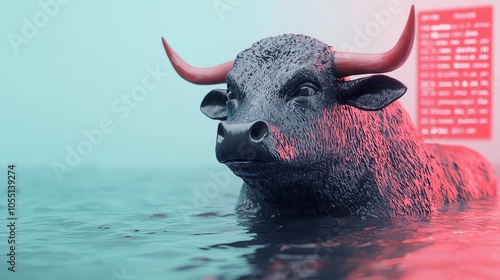 A stock market bull statue submerged in quicksand, with a red stock market ticker trailing off into the horizon