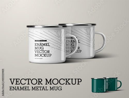 Vector enameled metal cup template with handle, mugs composition, white, green cup for design.