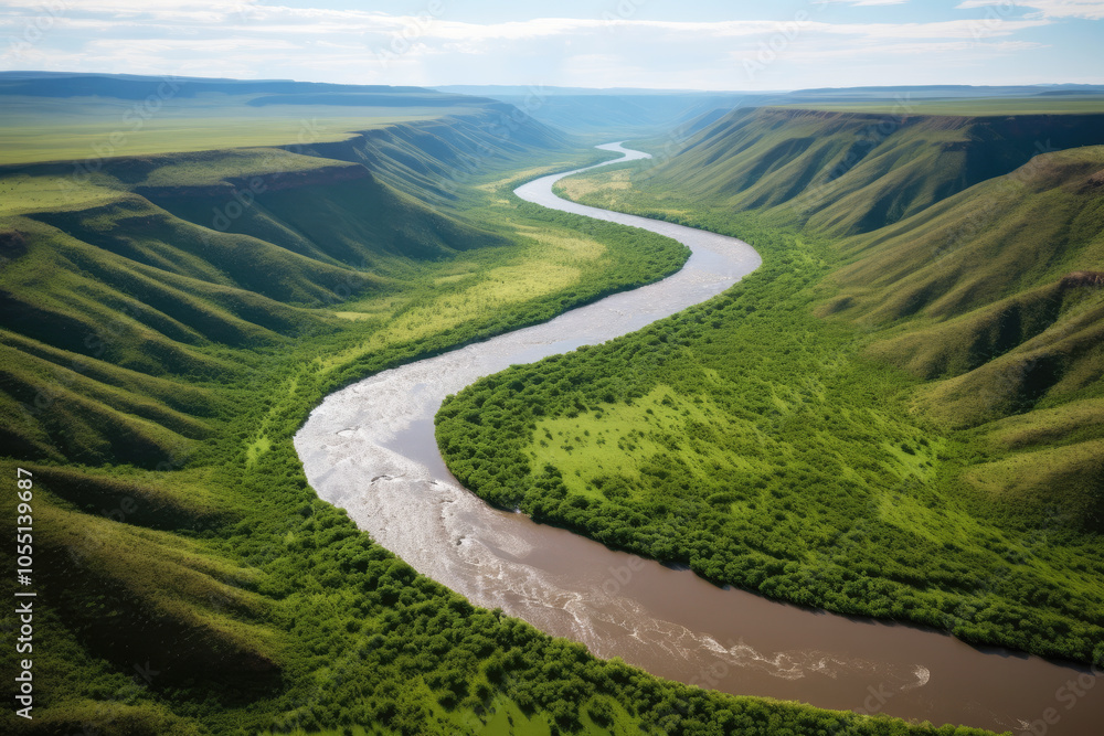 generated illustration of aerial view of a winding river flowing through lush green forest generated illustration of aerial view of a winding river flowing through lush green forest