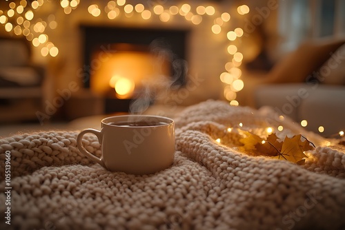 Cozy blanket and hot tea by the fireplace photo