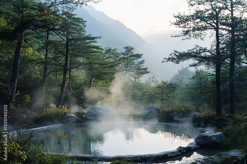 misty hot springs in a lush green forest with mountains in the background misty hot springs in a lush green forest with mountains in the background