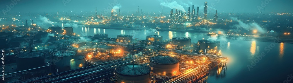 Industrial Nightscape with Illuminated Oil Refinery and Reflective Water Under a Misty Sky Industrial Nightscape with Illuminated Oil Refinery and Reflective Water Under a Misty Sky