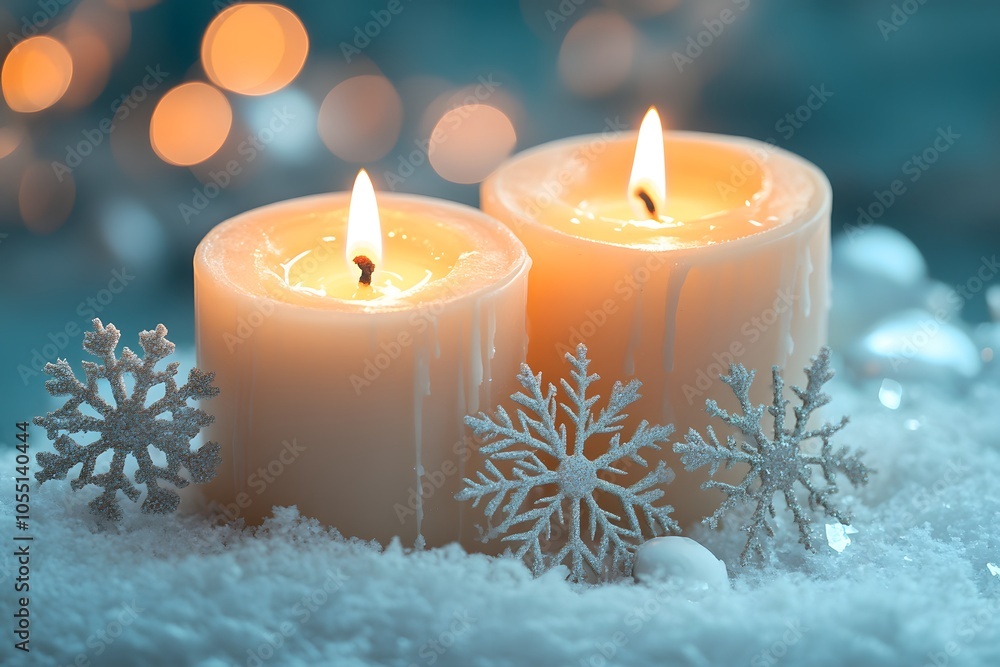 Winter snowflakes and candles on table Winter snowflakes and candles on table