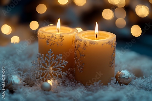 Winter snowflakes and candles on table