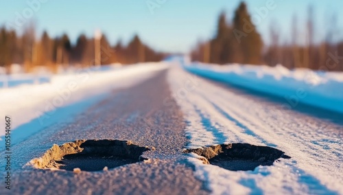 Potholes on Asphalt Road in Winter photo