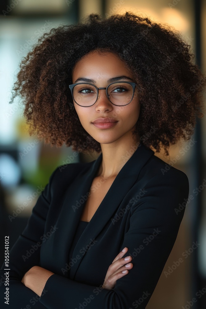 Confident Young Professional Woman with Curly Hair and Glasses in Modern Office Setting Confident Young Professional Woman with Curly Hair and Glasses in Modern Office Setting