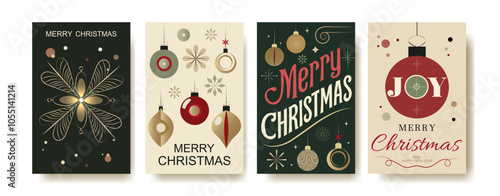 Set of 4 greeting cards for merry christmas. Vintage Retro Christmas Greeting Cards Set. Minimalist Holiday Vector Illustrations with Ornaments, Trees, and Typography	