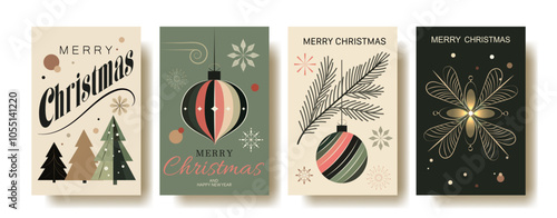 Set of 4 greeting cards for merry christmas. Vintage Retro Christmas Greeting Cards Set. Minimalist Holiday Vector Illustrations with Ornaments, Trees, and Typography	