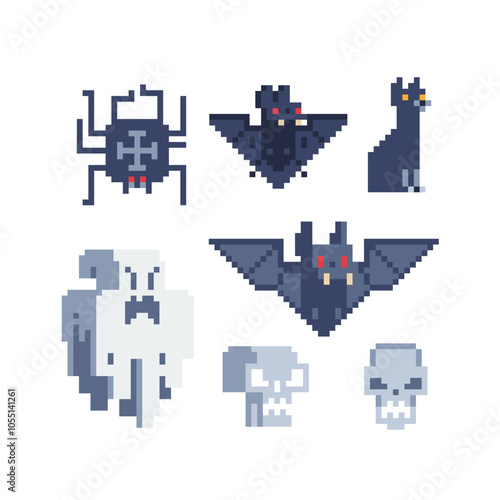 Black bat, spider, cat, ghost cartoon character pixel art icon, design element of application and sticker. Game assets 8-bit sprite. Animal flat style. Isolated vector illustration. 