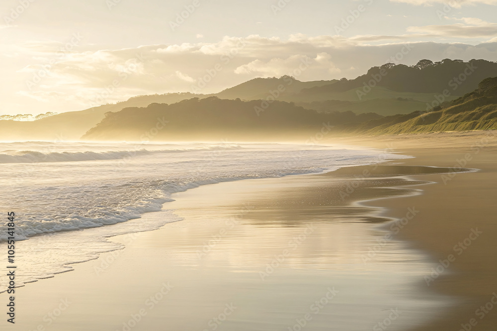 golden sunrise over tranquil beach with soft waves and lush green hills in the distance golden sunrise over tranquil beach with soft waves and lush green hills in the distance