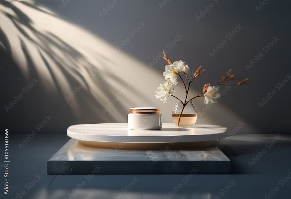 A white circular platform with a cream jar and a vase of flowers sits on a larger square platform with a shadow of a plant cast on the wall. A white circular platform with a cream jar and a vase of flowers sits on a larger square platform with a shadow of a plant cast on the wall.