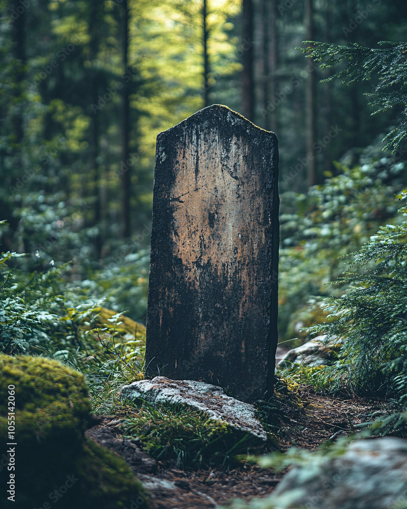 dark stone tombstone in a deep forest with lush greenery dark stone tombstone in a deep forest with lush greenery
