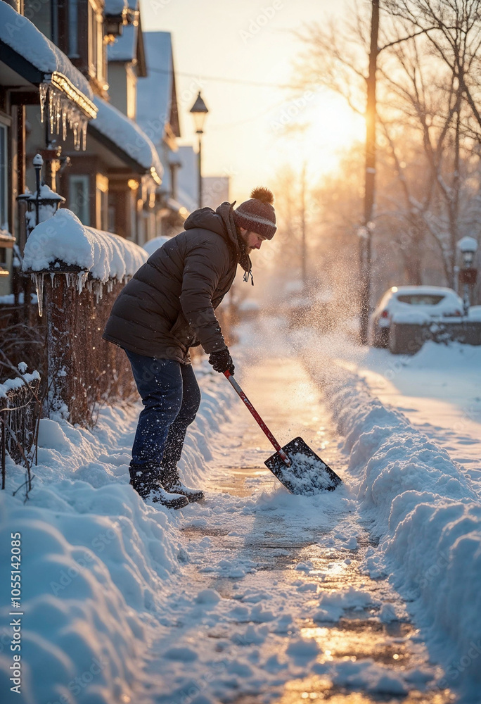 A person shovels snow on a sunny winter day, creating a clear path in a snowy neighborhood.
A person shovels snow on a sunny winter day, creating a clear path in a snowy neighborhood.