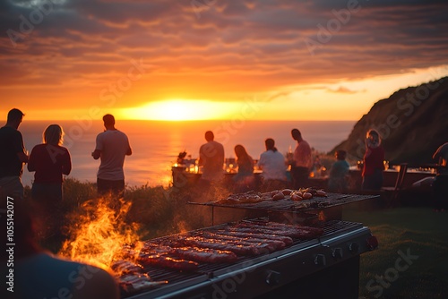 Friends having barbecue at sunset photo