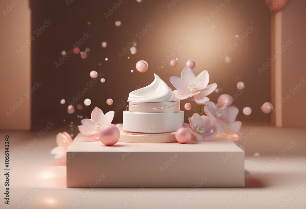 A jar of cream sits on a pedestal with pink flowers and pearls floating around it. A jar of cream sits on a pedestal with pink flowers and pearls floating around it.