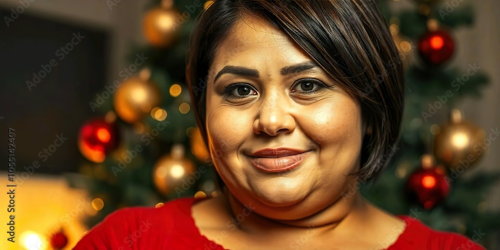 A woman with short hair is gleefully gazing at camera, a blurry background that includes colorful lights and a Christmas tree. A woman with short hair is gleefully gazing at camera, a blurry background that includes colorful lights and a Christmas tree.