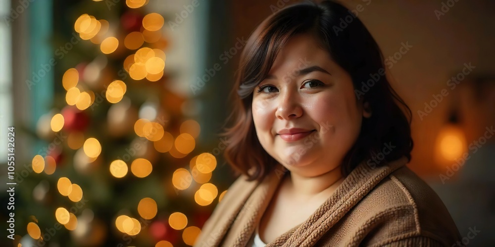Asian woman with short hair wearing a sweater is smiling in front of a blurry background with colorful lights and a Christmas tree. Asian woman with short hair wearing a sweater is smiling in front of a blurry background with colorful lights and a Christmas tree.
