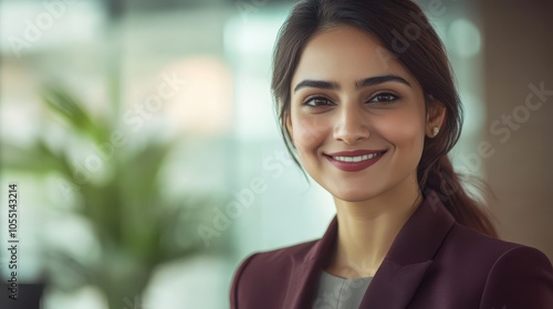 Confident Indian Female HR Manager in Burgundy Dress Suit: Professional Portrait with Warm Smile in Modern Office Lounge, Soft Lighting. Photorealistic 8K Commercial Photography.