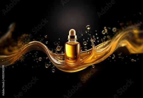 A glass bottle of golden liquid sits on a wave of the same liquid against a black background. photo