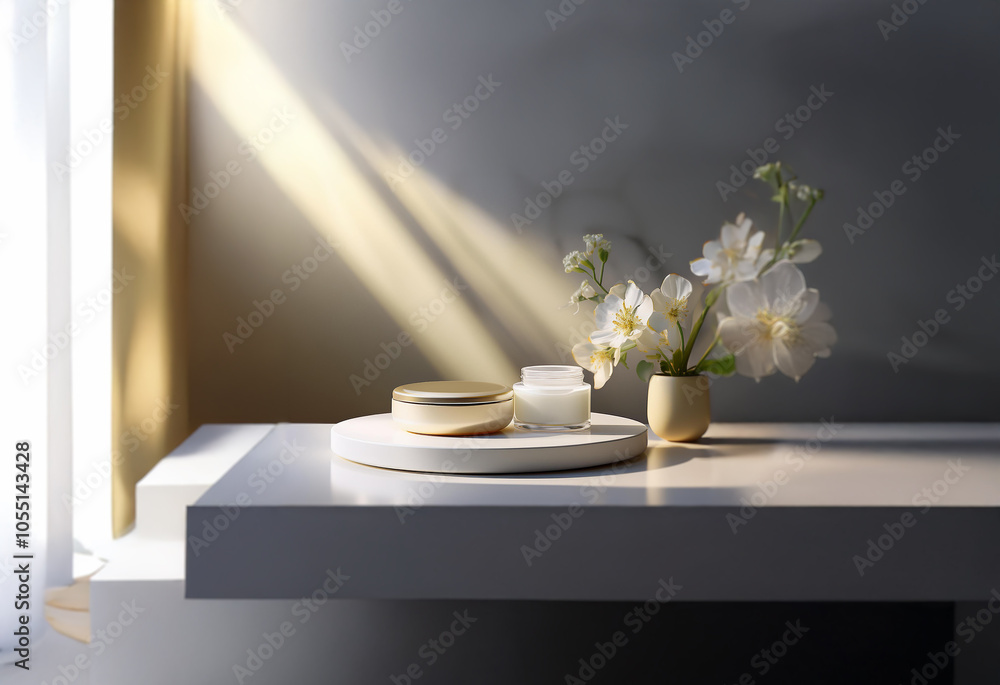 A simple, elegant still life featuring two skincare products, a white flower arrangement, and sunbeams streaming through a window. A simple, elegant still life featuring two skincare products, a white flower arrangement, and sunbeams streaming through a window.