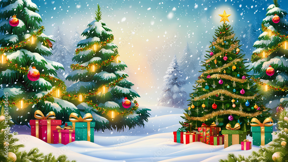 Obraz premium Christmas and New Year background with fir tree, gift boxes and lights. Generative AI