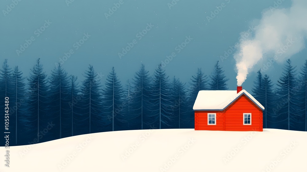 Charming Snow-Covered Cabin in Serene Winter Landscape with Smoke Gracefully Rising Above. Winter Time Concept Charming Snow-Covered Cabin in Serene Winter Landscape with Smoke Gracefully Rising Above. Winter Time Concept