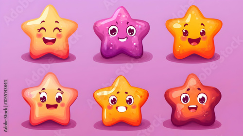 Six cartoon stars with different emotions, isolated on pink background.