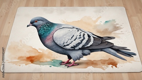 Watercolor portrait of a detailed pigeon with striking colors and an artistic background photo