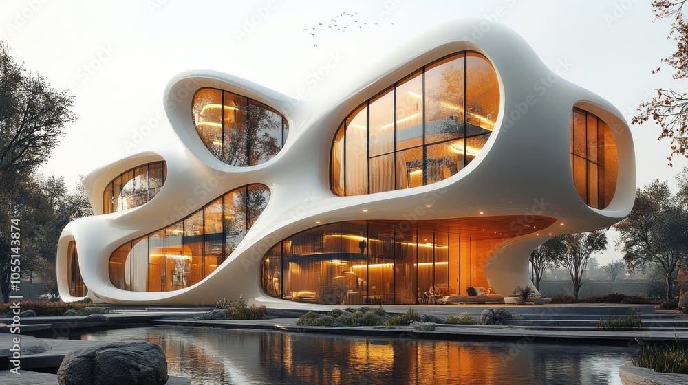 Fototapeta premium Modern organic architecture with fluid shapes and large glass windows.