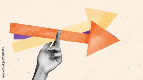 Motion collage video of hand hold arrow business development concept turn road sign direction promotion 