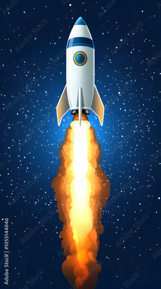 Naklejka premium A white rocket ship blasts off into space with a fiery trail.