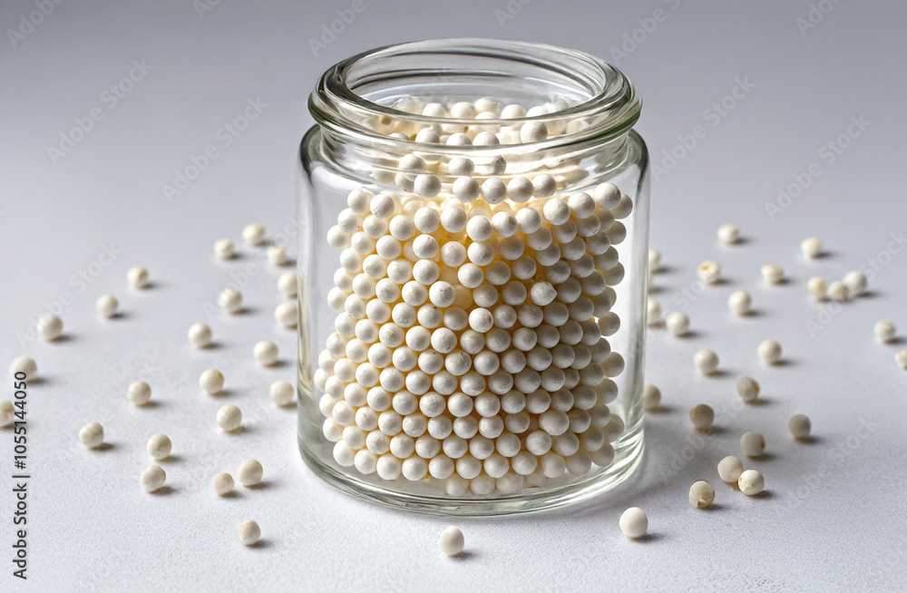 A close-up of small, round, white homeopathy pellets in a transparent glass jar on an isolated pure white background. Some pellets are scattered around the jar, creating a natural and minimalist compo A close-up of small, round, white homeopathy pellets in a transparent glass jar on an isolated pure white background. Some pellets are scattered around the jar, creating a natural and minimalist compo