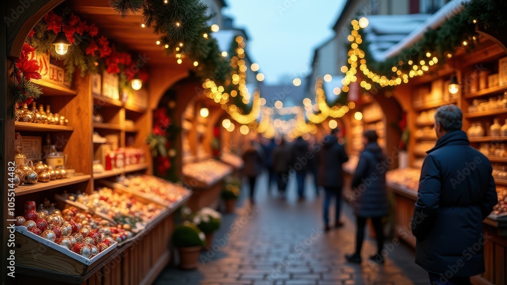Fototapeta premium Warm Christmas market scene with twinkling lights, vibrant ornaments, and cozy atmosphere. People stroll, exploring festive stalls lined with decorations.