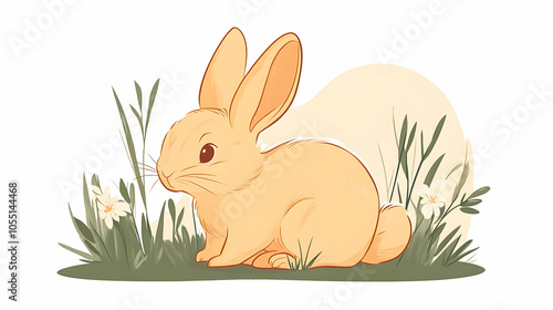 Adorable cartoon bunny sitting in a meadow with green grass and white flowers.